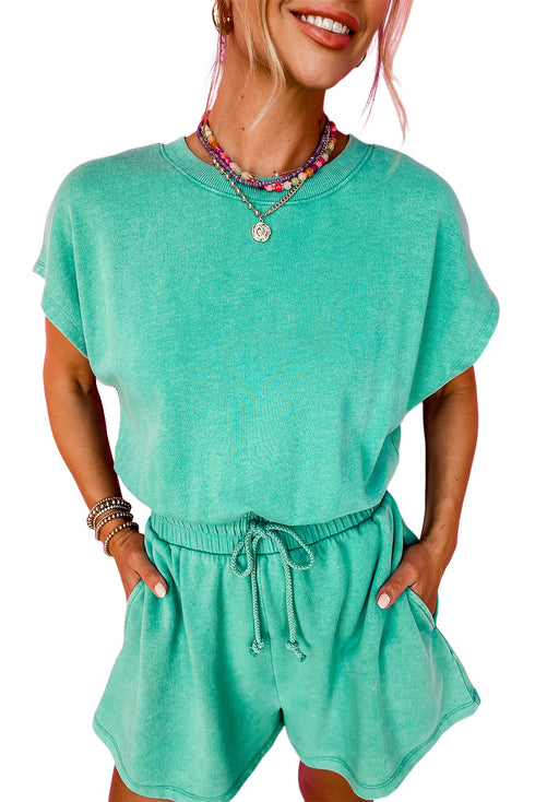 Edgy Casual Mineral Wash Short Sleeve Drawstring Cutout Back Romper